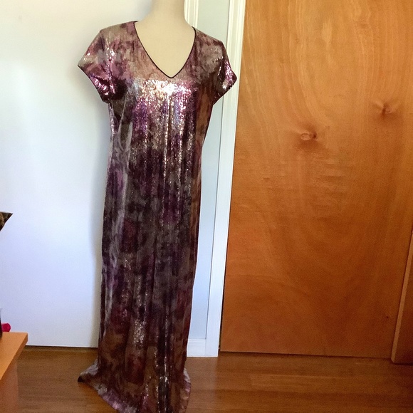 NWT TIMELESS NAEEM KHAN MAXI DRESS LARGE PURPLE SILVER SEQUINS WEDDING PARTY - Picture 1 of 12